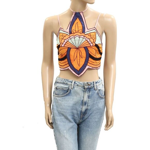 Free People Cutwork Applique paneling Halter Blouse Top Smocked XS NWD 281676 - Picture 1 of 5